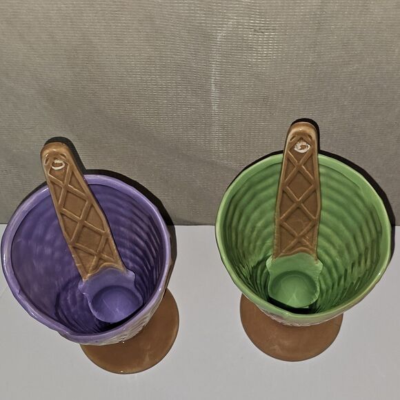 Waffle Cone Ice Cream Bowls with Spoons Pair Marked B&B Ceramic Fancy - Picture 7 of 8